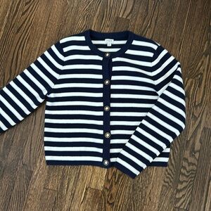 J. CREW navy and white striped cardigan, braided detail with gold buttons